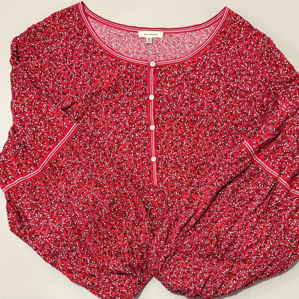 Max Studio Red Patterned Blouse with White Accents
